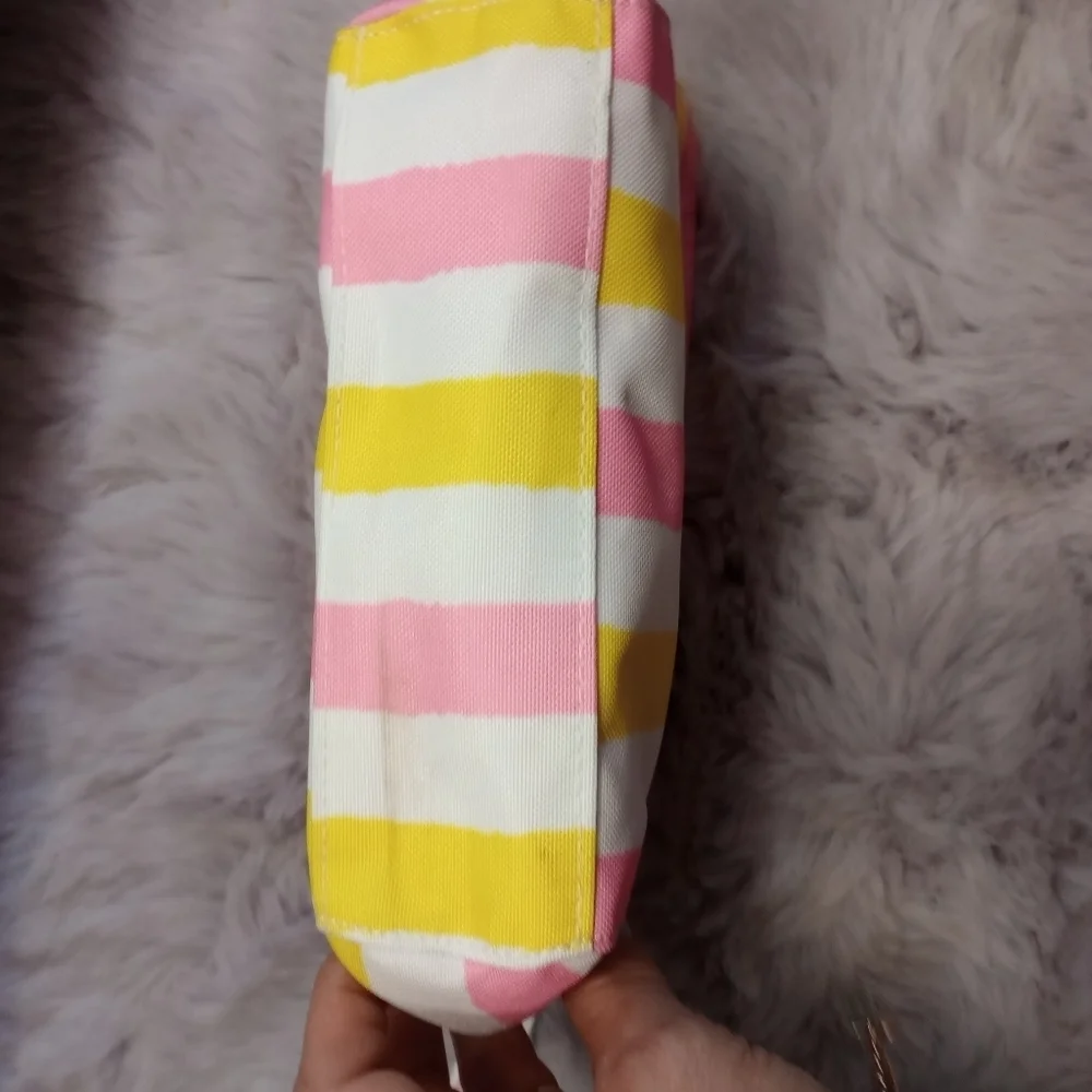 Pink Victoria Secret pink yellow white stripe makeup cosmetic bag NWOT
